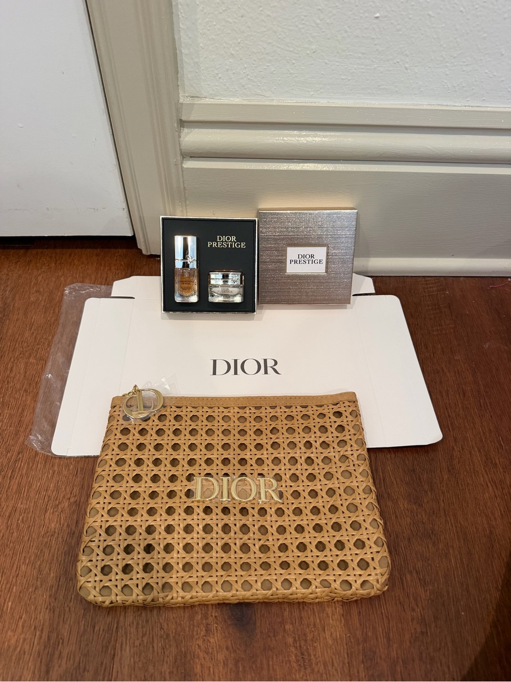 Dior Woven Rattan Pouch in Natural with Gold Logo with Dior Prestige set